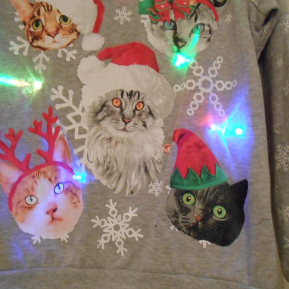 Freeze Flashing Lights Cat Christmas Sweatshirt (Bust 19") - Picture 4 of 10